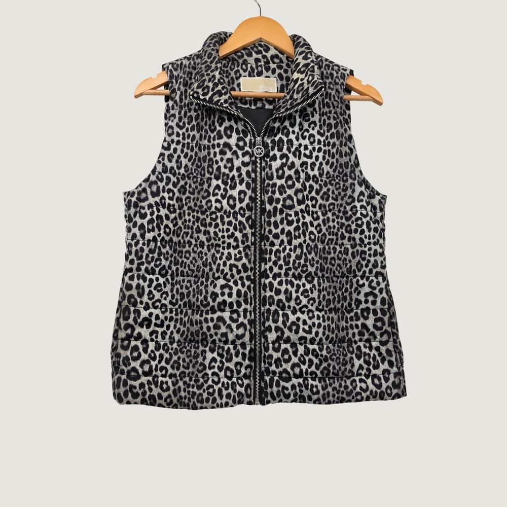 Michael Kors Leopard Print Puffer Vest Gray Black Animal Print Quilted Zip Up M